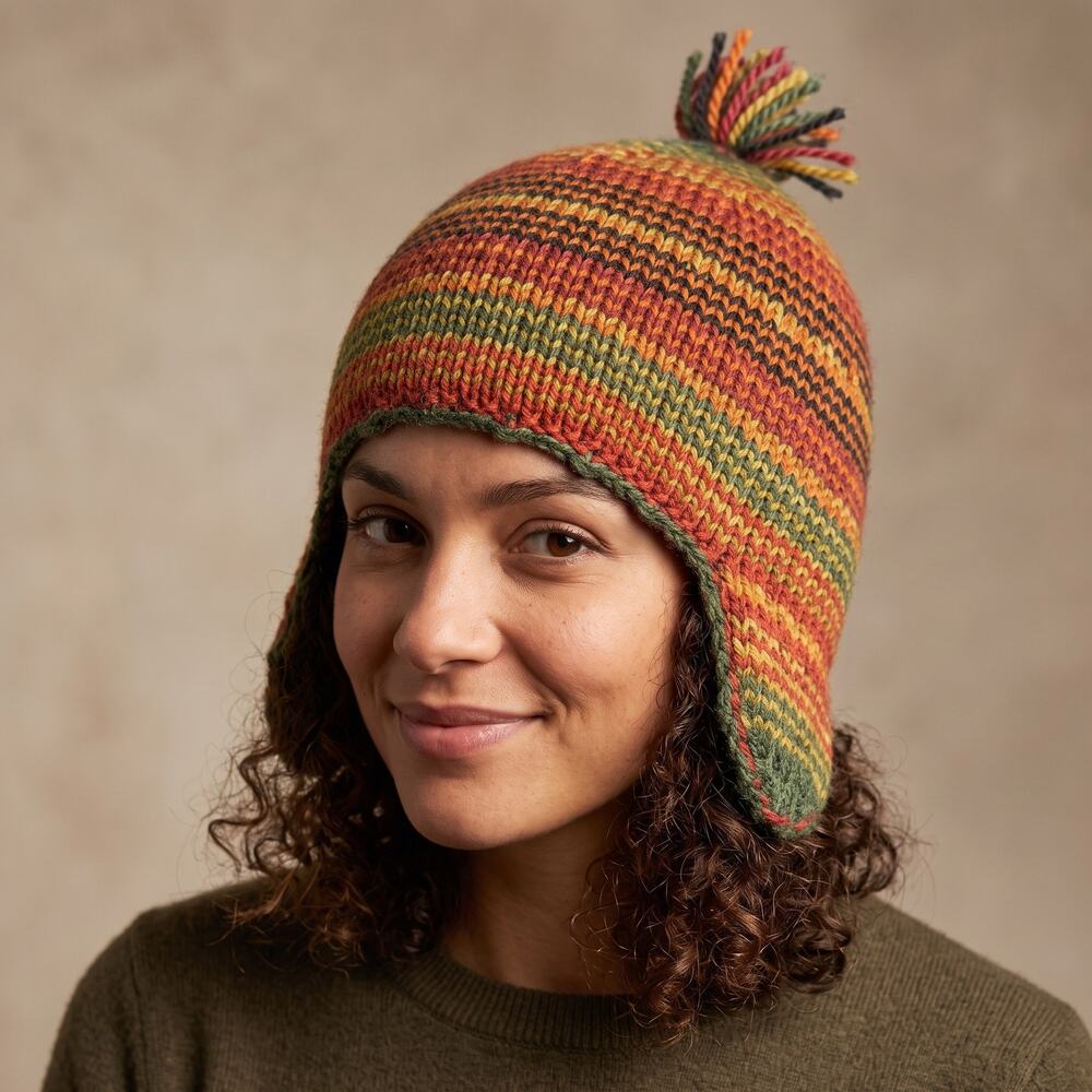 Artesania Unisex 100% Alpaca Wool Chullo Earflap Beanie Striped Boho Hat OSFM